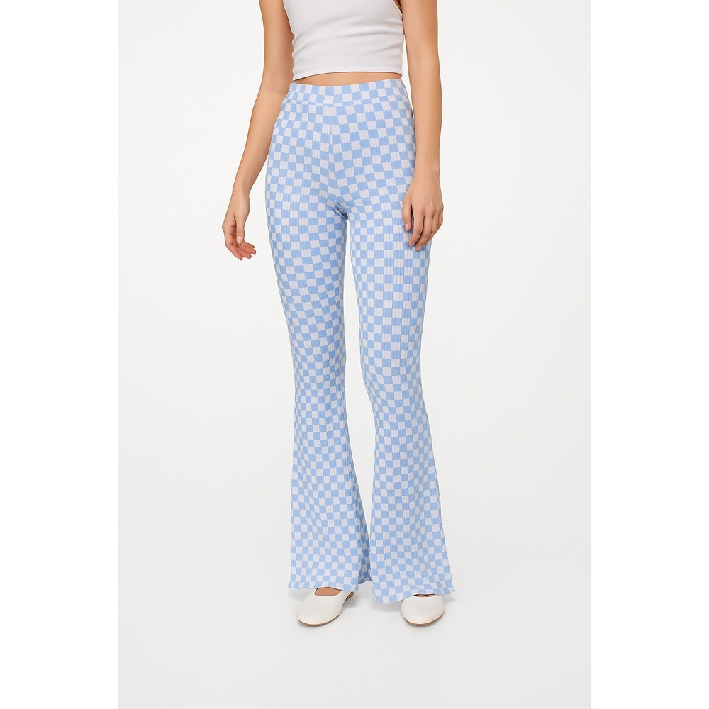 Bailey Rose Blue Checkered Flare Pants Women's Size L High Rise Retro‎